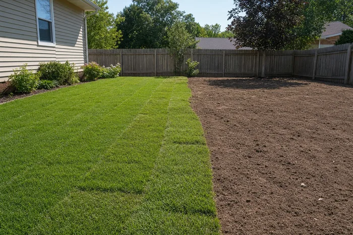 Freshly installed sod next to prepared bare soil in a backyard