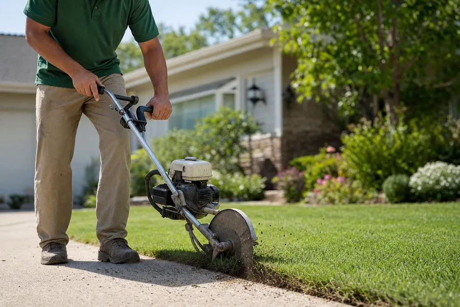 Landscaper edging a lawn along a driveway